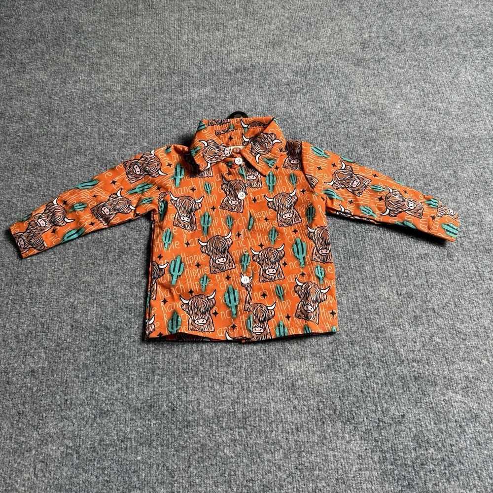 Western Highland Cow & Cactus Toddler Button Down Shirt Orange 6-12 Months